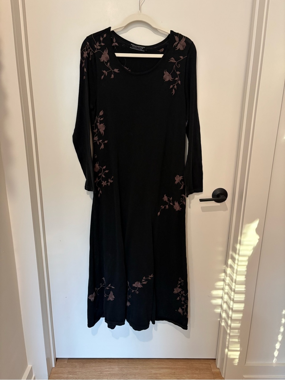 Peruvian Connection Dusk Sky Embroidered Pima Cotton Maxi Dress Long Sleeves
